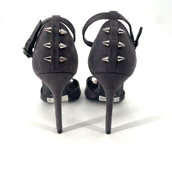 Schutz NEW Benten Spiked Gray Suede Strappy Open Toe T Strap Dress Pump Heel - Picture 4 of 7